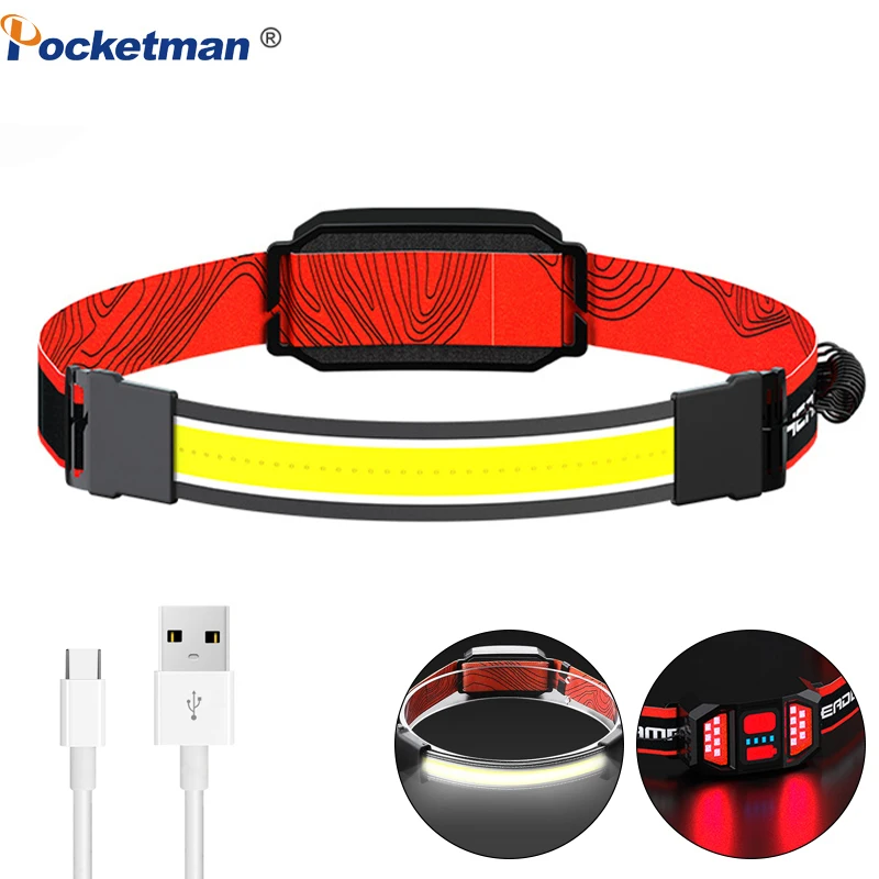 

Pocketman COB LED Headlight White+Red Light USB Rechargeable Headlamp Waterproof Headlights Head Torch with Battery