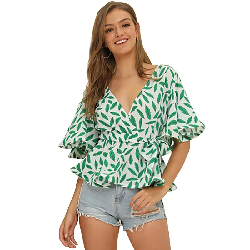 Женская блузка с завязками спереди Повседневная летняя в стиле бохо v образным