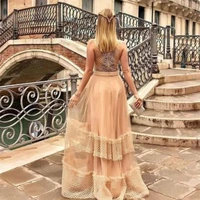 evening dress 2021 a line champagne high neck floor length tulle crystal beaded sleeveless women formal party gowns elegant
