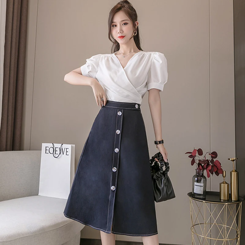 

TIGENA Elegant Women Midi Skirt 2021 Summer Fashion Single Breasted Knee Length A Line High Waist Office Lady Work Skirt Female
