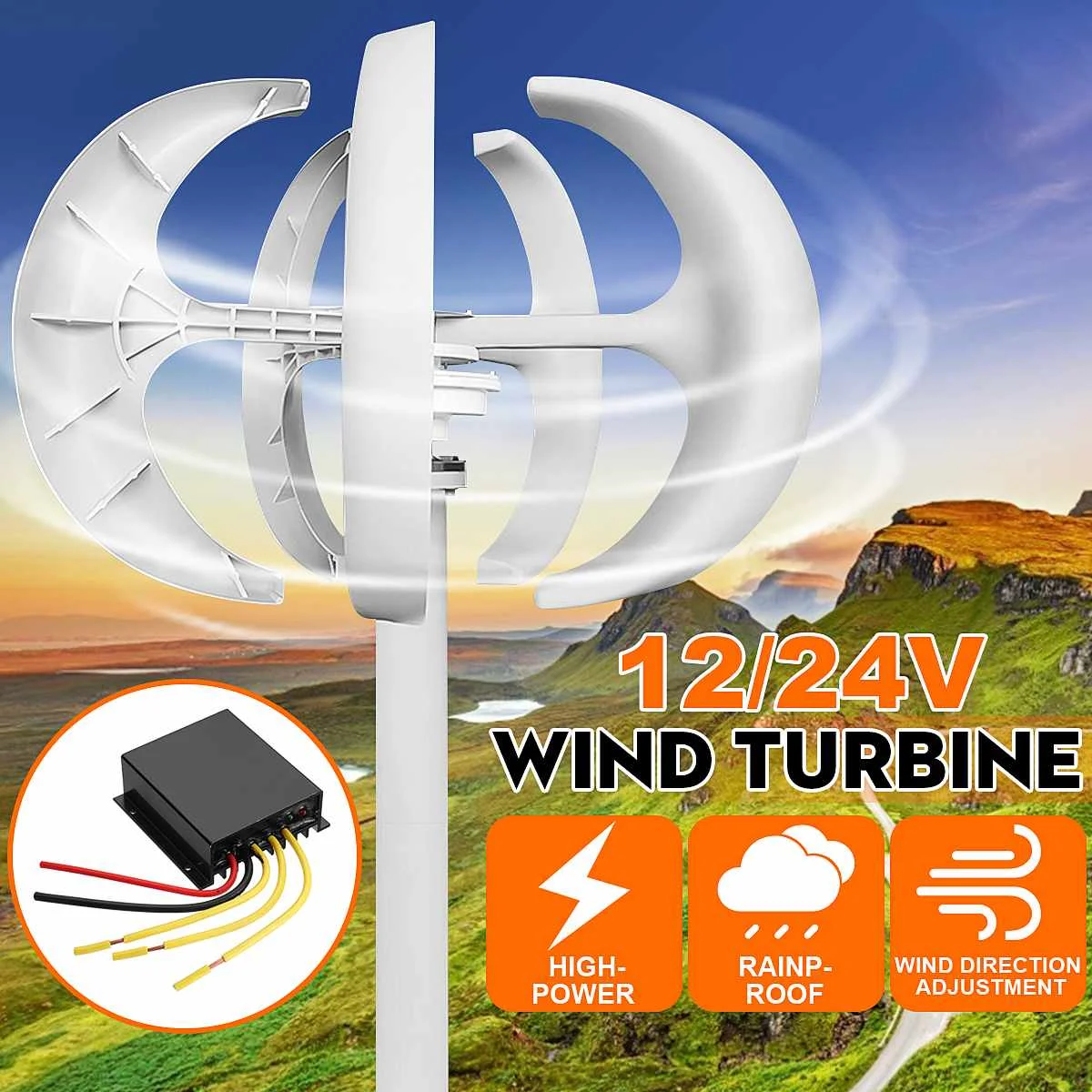 

800W 12V 24V 5 Blades Lantern Vertical Axis Permanent Magnet Wind Turbine Generator With Controller For Home Streetlight Use