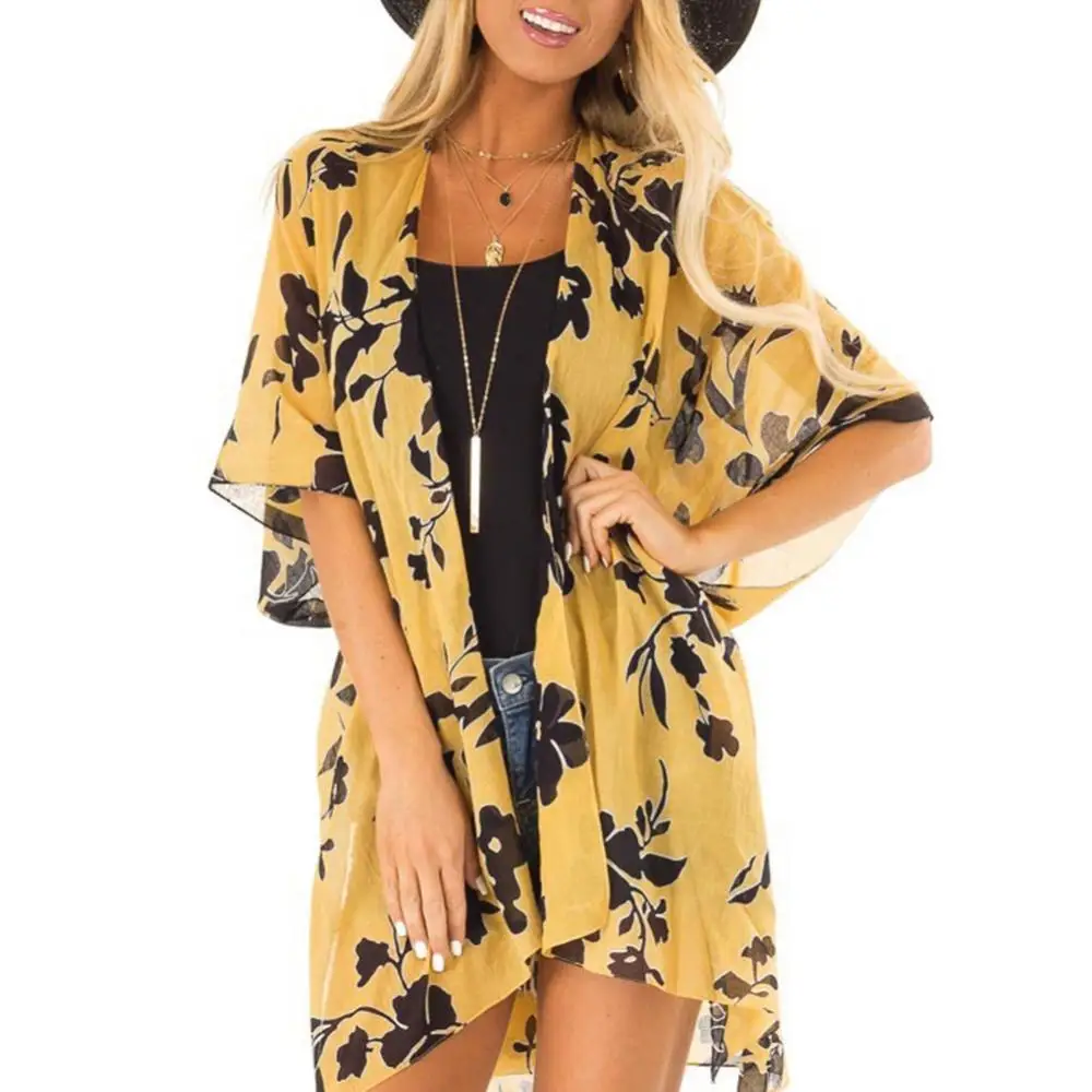 

70% 2021 Hot Sell Floral Women Chiffon Front Open Short Sleeve Coverup Anti-UV Cardigan Blouse