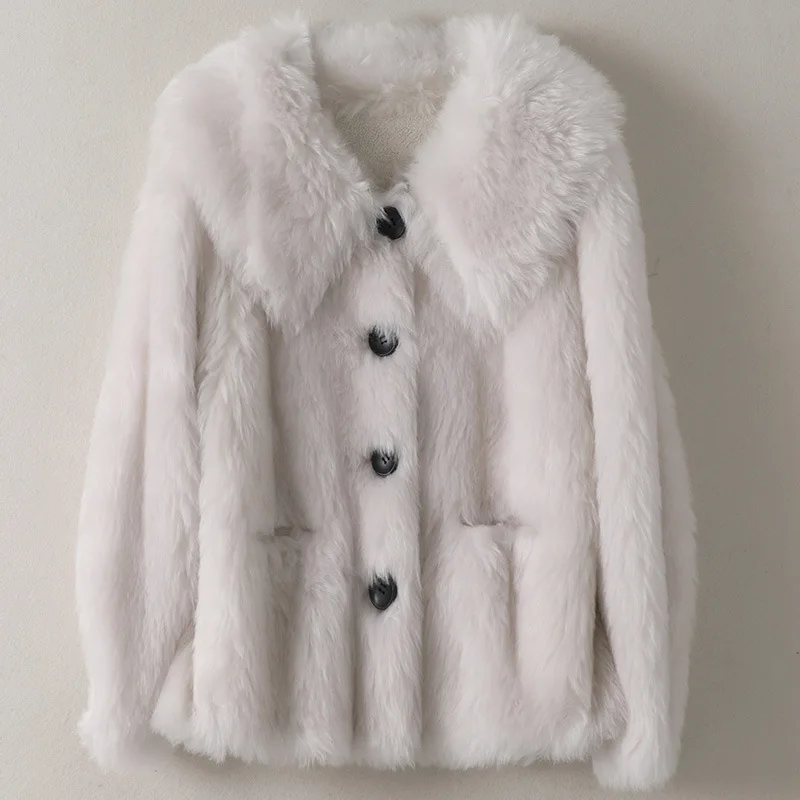 New Grain Sheep Shearer Women's All Wool Fur Coat In The Spring of 2021 Loose Turn Down Collar Real Thick Warm Fur Jacket