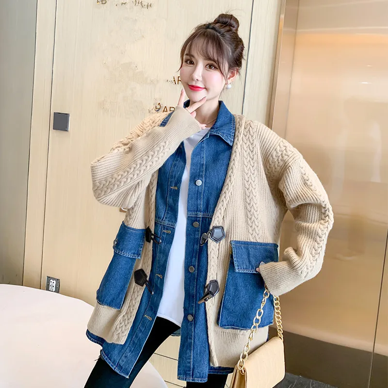 

Denim Stitching Knitted Sweater Jacket Women 2022 spring Autumn Korean Single-Breasted Jean Sweater Female Clothes Trend H1970