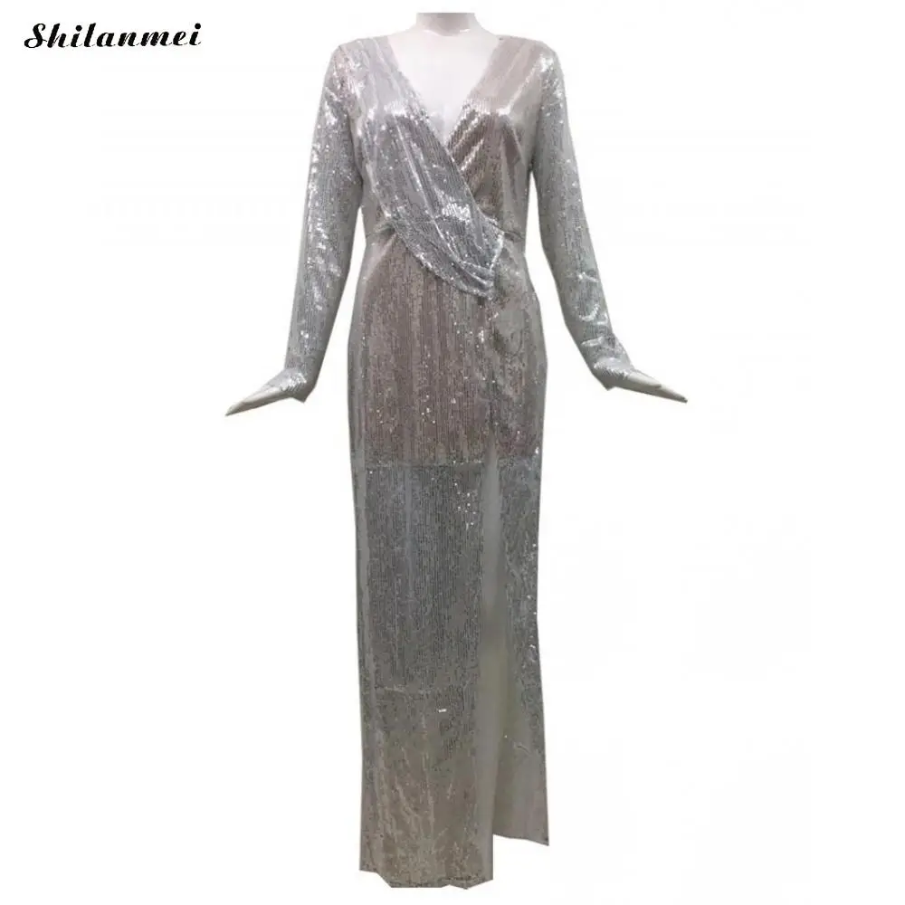 Женское вечернее платье с блестками блестящее облегающее серебристое длинным