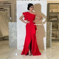 elegant red satin floor length evening dresses 2022 off shoulder high slit celebrity prom gowns reobes de cock tail recommend