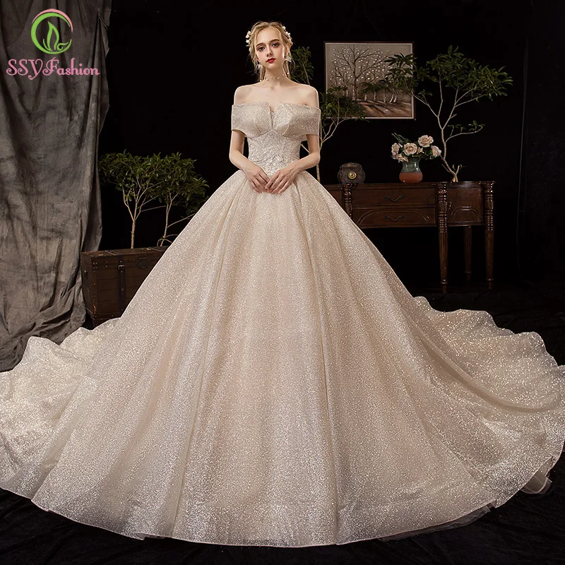 

SSYFashion New High-end Wedding Dress Bride Married Luxury Shining Sequins Boat Neck Court Train Wedding Gown Vestido De Novia
