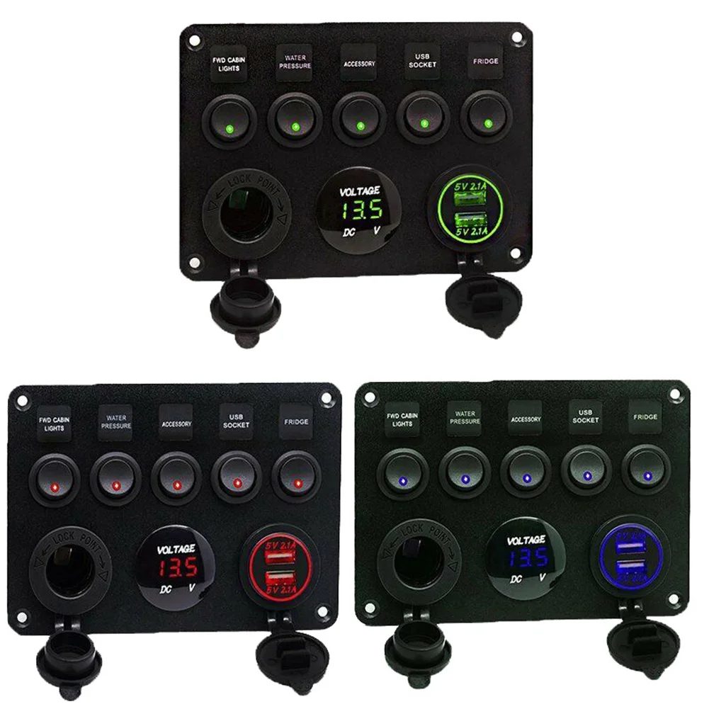 

12-24V 4.2A 5 Gang Rocker Switch Panel Dual USB Charger 12V Outlet Digital Voltmeter Toggle Switch Panel for Boat Camper RV