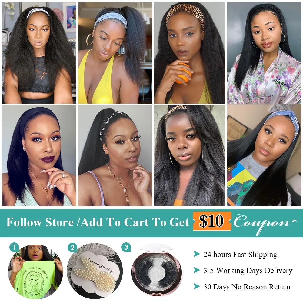 

Allove Kinky Straight Wig Headband Wig Yaki Human Hair Wig With Headband Machine Made Glueless Human Hair Wigs For Black Women