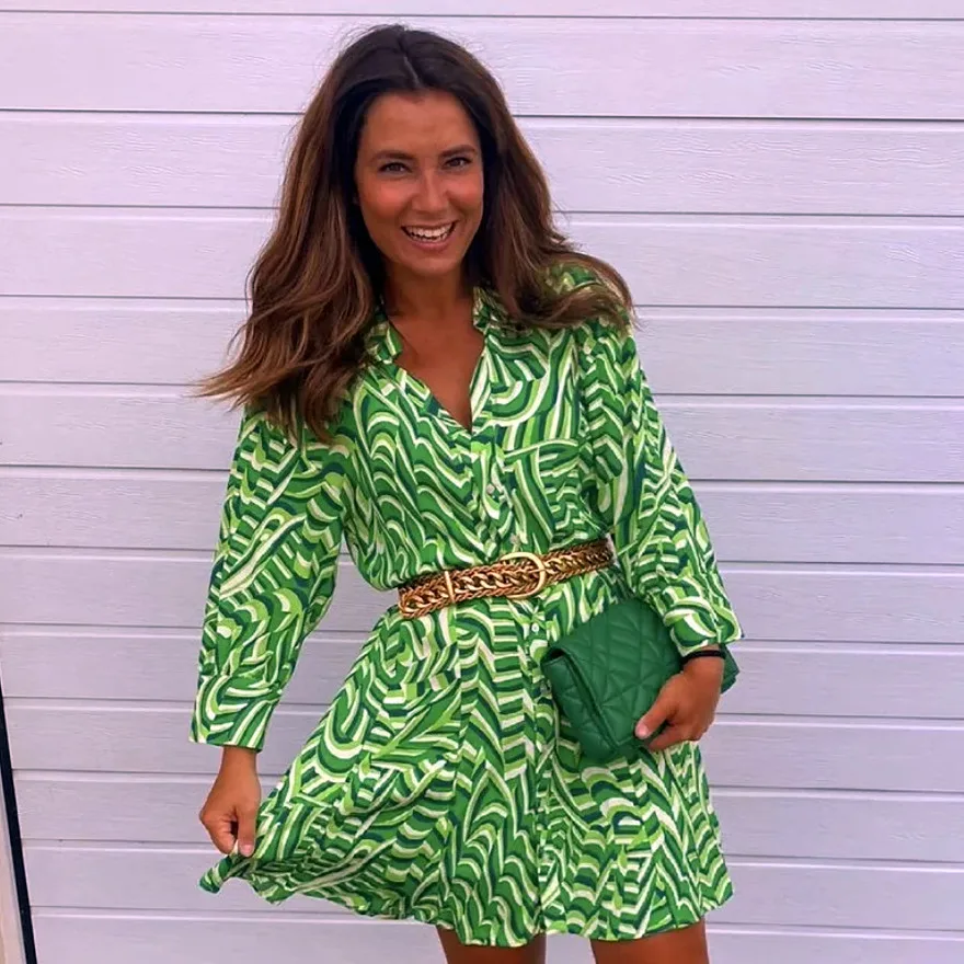

Fashion Green Striped Women Summer Shirt-Dress A-Line Long Sleeve Vintage Single Breasted Button-Up Female Casual Mini Dresses