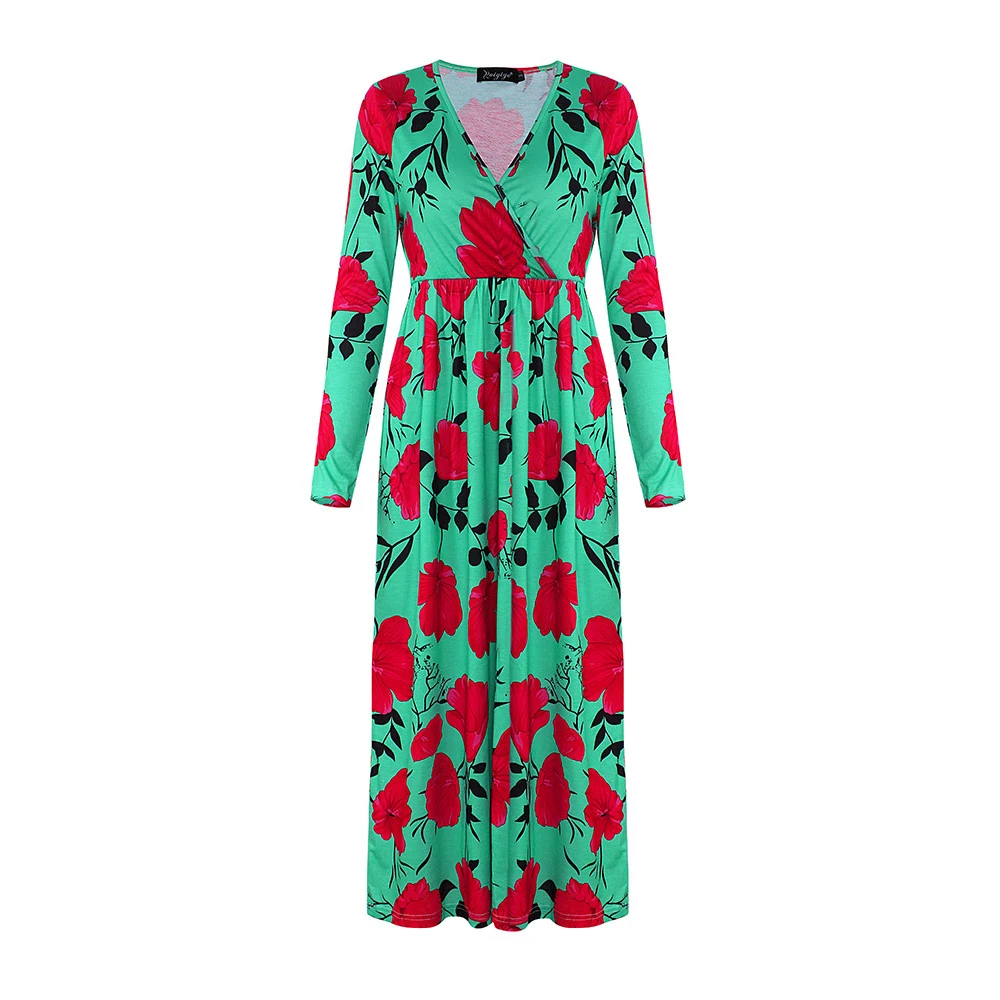 

2021 Autumn New Women V-Neck Rose Printed Dress 4 Colors