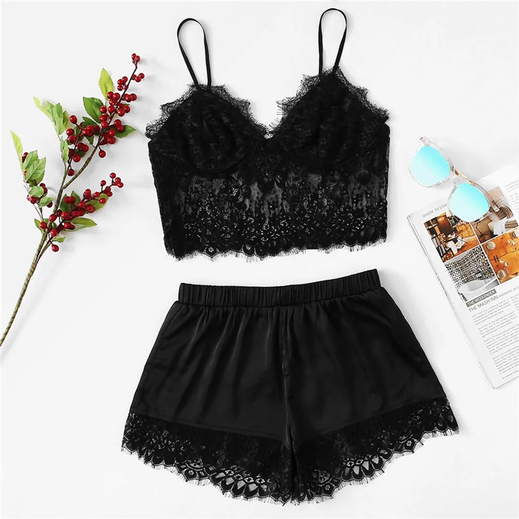 

Black pajamas set women's sexy underwear plus size suspenders lace pajamas underwear set loose shorts top camisole