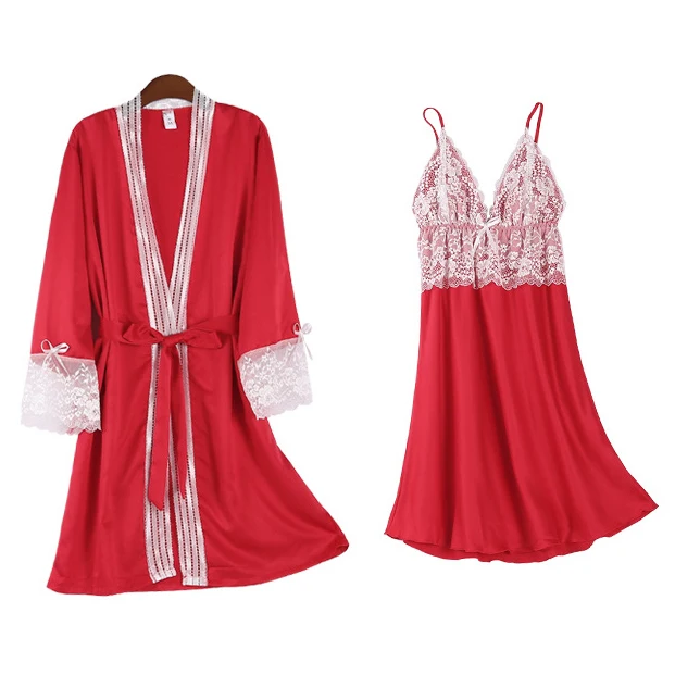 

Robe Suit Sexy Pajamas Gown Set Womens V-Neck Cami Nighties 2PC Wear Pijama Print Home Nightwear Lingerie Spring Lady Nightdress