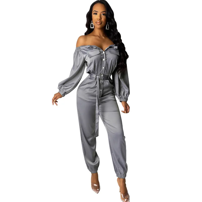 

Fall and winter open-shouldered and belted sexy jumpsuit