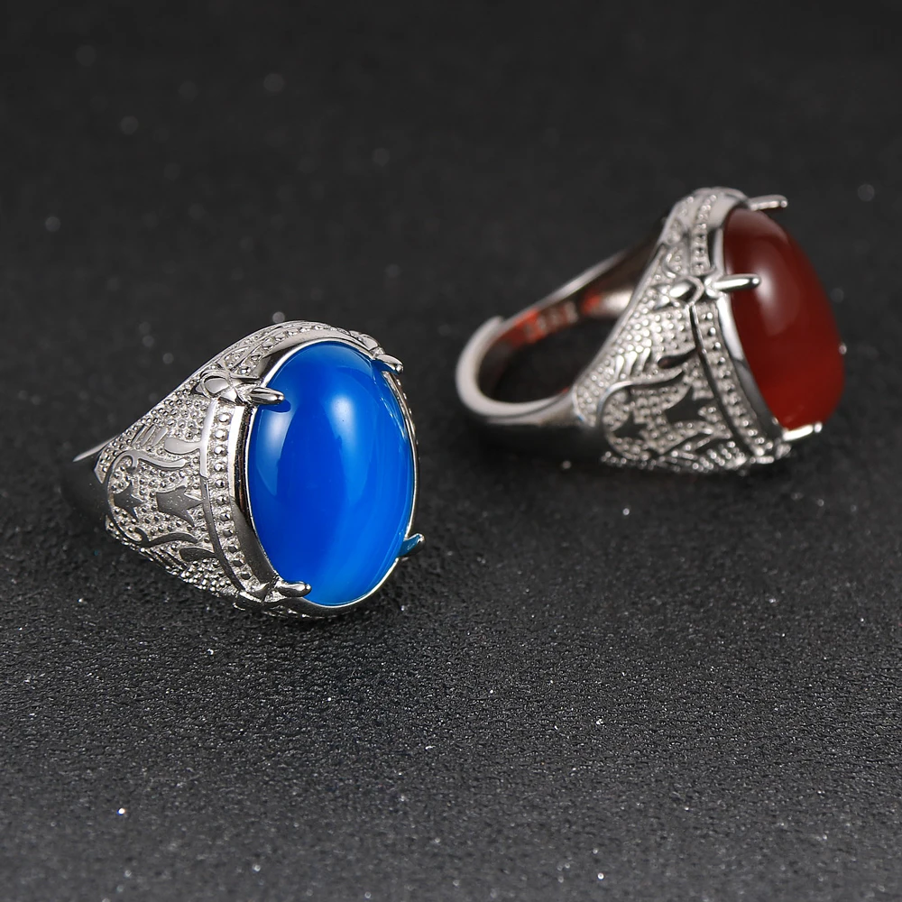 Кольцо с натуральным камнем голубой Агаты тигровый глаз Серебряная пластина