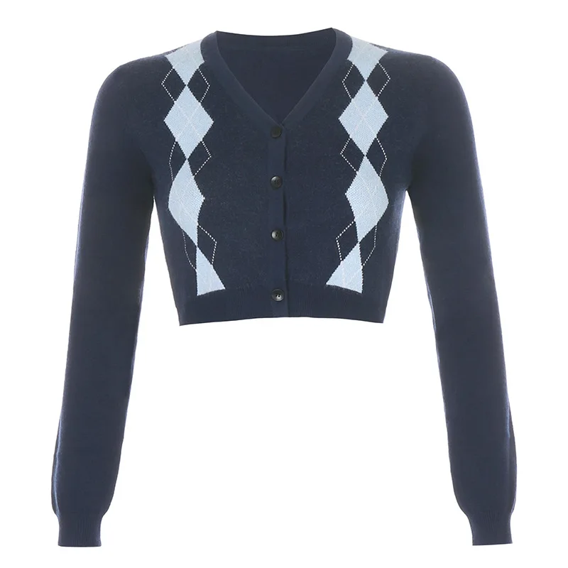 

Y2K Argyle Plaid Knitted Crop Cardigans Women E-girl Vintage Single-breasted Long Sleeve Blue Sweaters 90s Fashion Streetwear