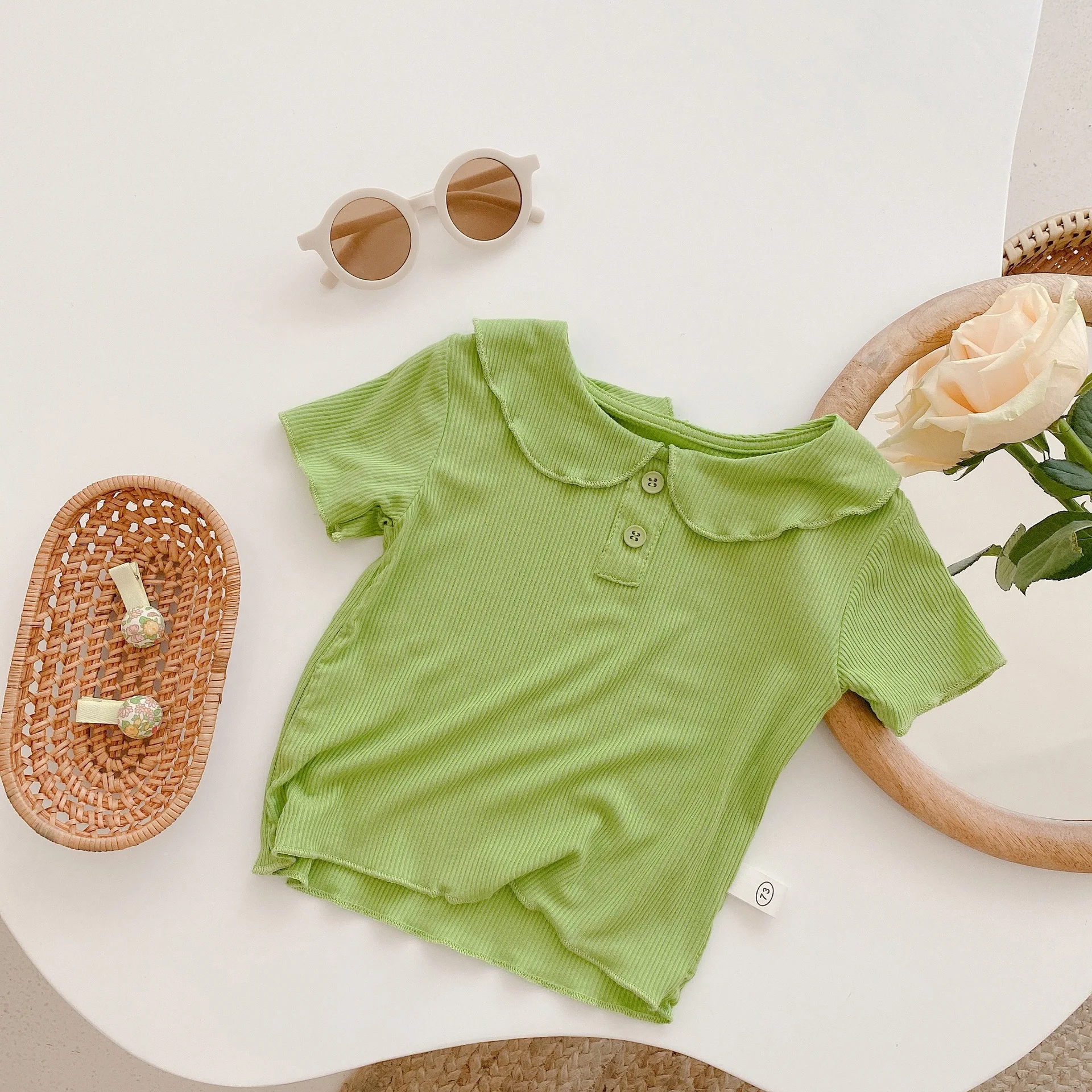 

2021 Summer New Baby Girl T Shirt Ruffle Girls Bottoming Tops Cotton All Match Children Tee Solid Color Kids T Shirt