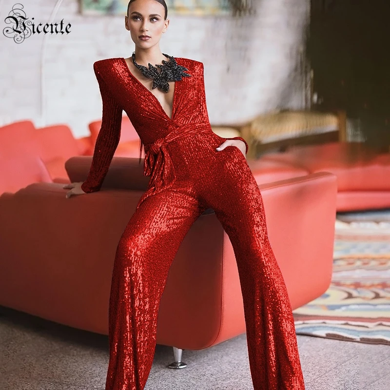 

VC Sequined Jumpsuit For Women 2021 New Red Passion Belt Design Deep V-neck Long-sleeved Trousers