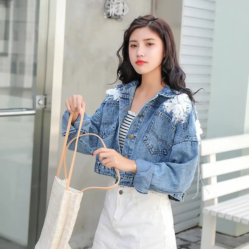 

Женская джинсовая куртка с коротким рукавом летучая мышь, с бахромой и цепочкой