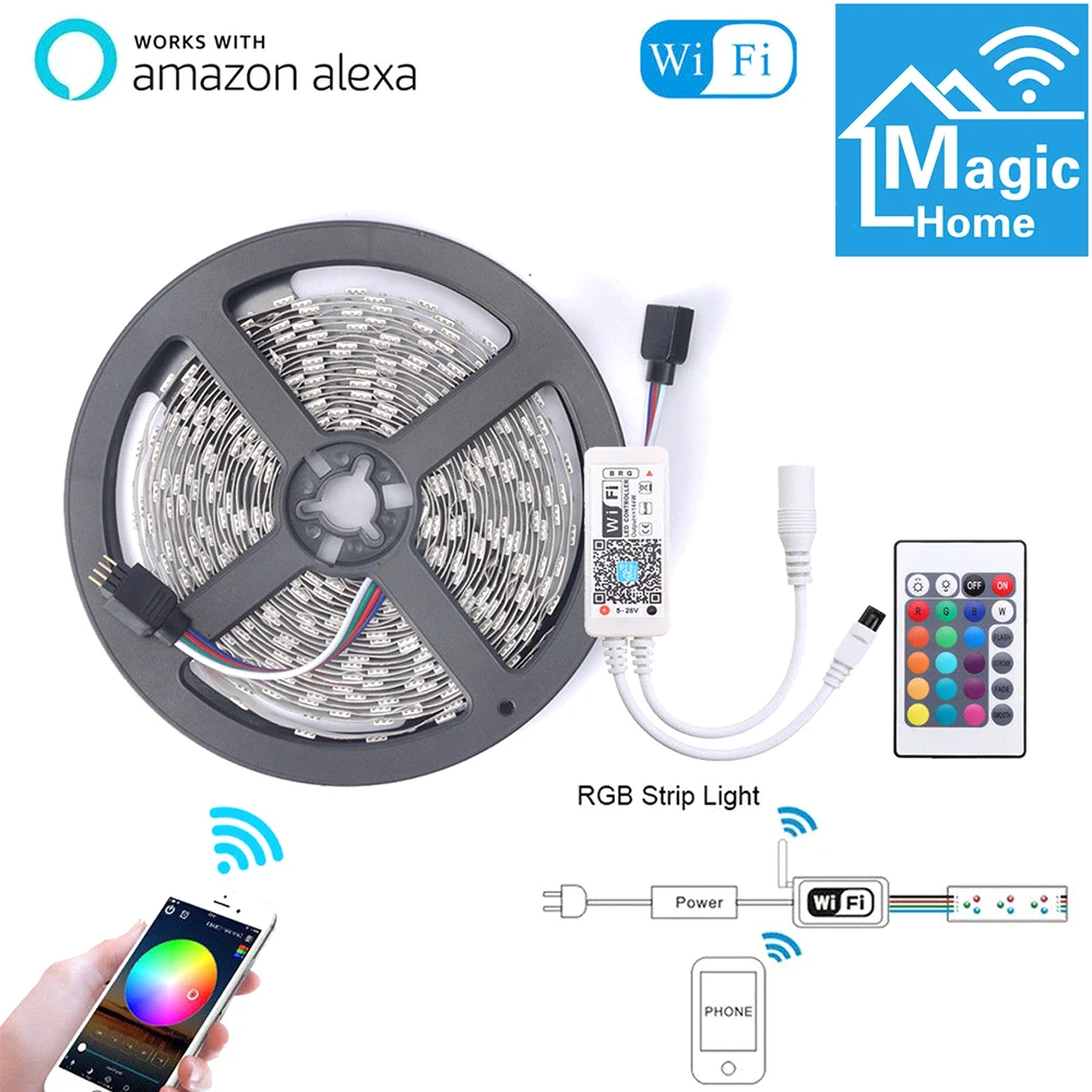 Умные световые ленты 5 м с Wi-Fi светодиодные изменением цвета 5050 RGB совместимы Amazon