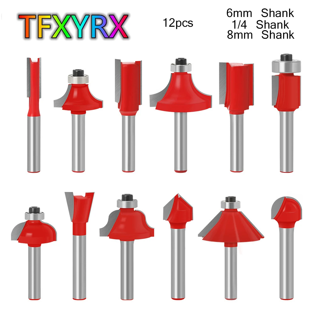

12 шт. 6 мм 1/4 дюйма 8 мм хвостовик деревообрабатывающие фрезы обрезка/прямой/круглый Угловой маршрутизатор Набор бит