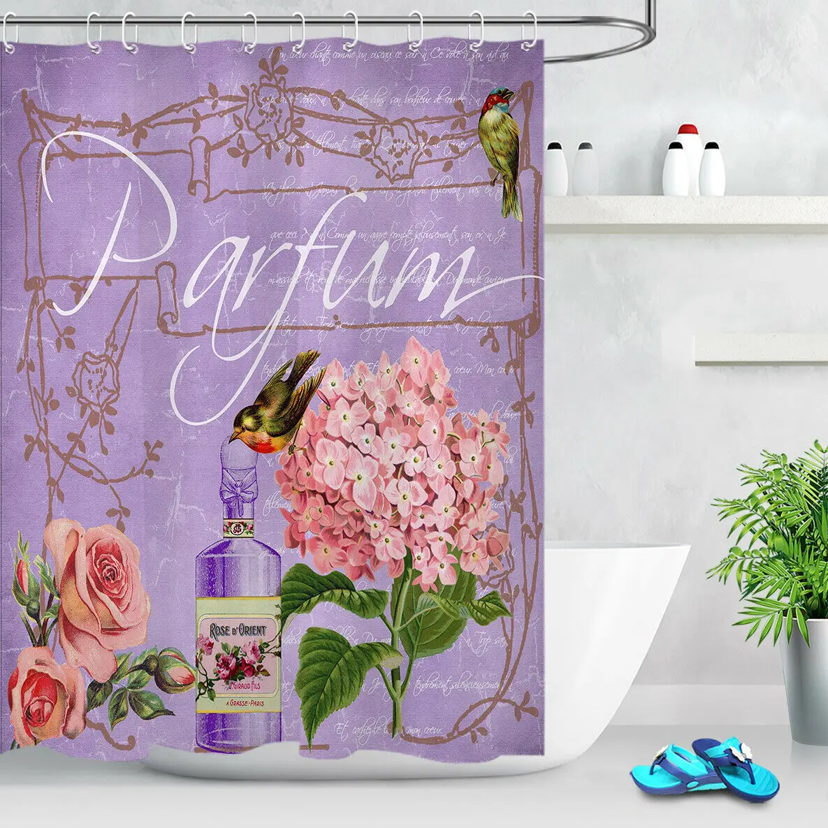 

Vintage Flower Rose Perfume Shower Curtain Set Bathroom Waterproof Fabric Uniqued