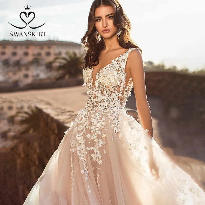 Boho 3D Цветы А-силуэта свадебное платье N128 Swanskirt Аппликации Кружева А-силуэта свадебное платье с открытой спиной индивидуальные Vestido de noiva