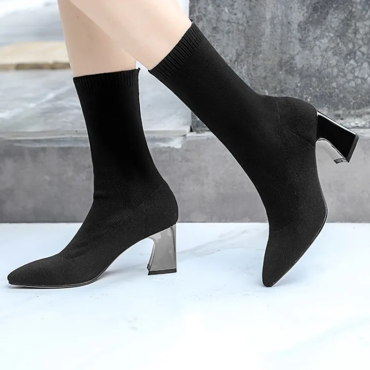 

Размера плюс 9 10 эластичные однотонные ботинки на высоком каблуке с острым носком