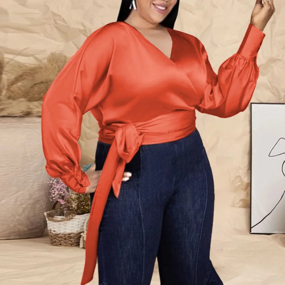 

Solid Color Lace-up Cardigan Top Women Blouse Elegant V-Neck Lantern Sleeve Shirt with Belt Female Office Work Wear Tops Tunic