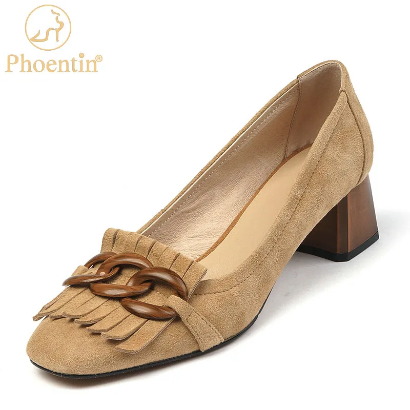 

Туфли-лодочки женские из натуральной овечьей замши, с бахромой и кисточками, на среднем квадратном каблуке, FT1499, лоферы с цепью