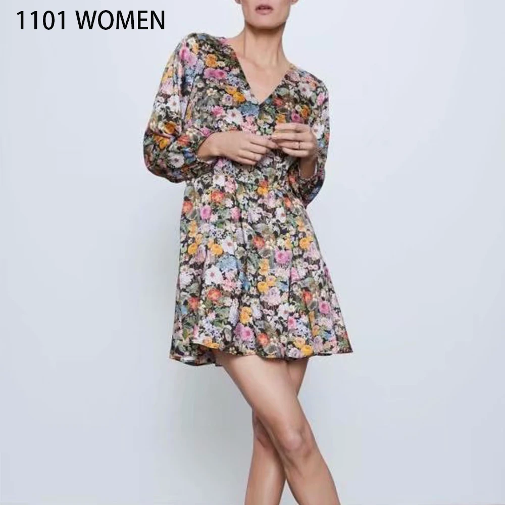 Женское плиссированное платье ZA до колена с длинным рукавом и цветочным принтом