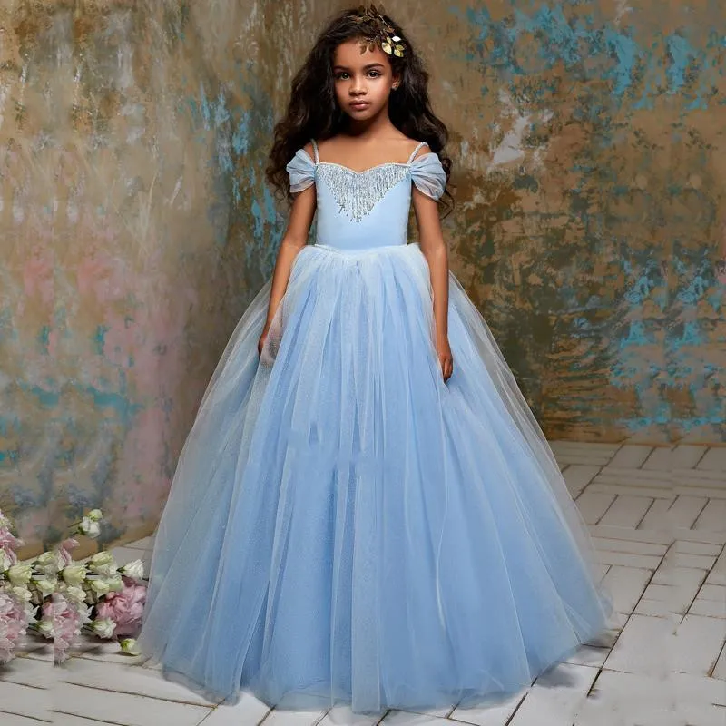 

Синее Тюлевое платье с цветочным рисунком для девочек на свадьбу с оборками детская официальная одежда длинное платье без рукавов для дево...