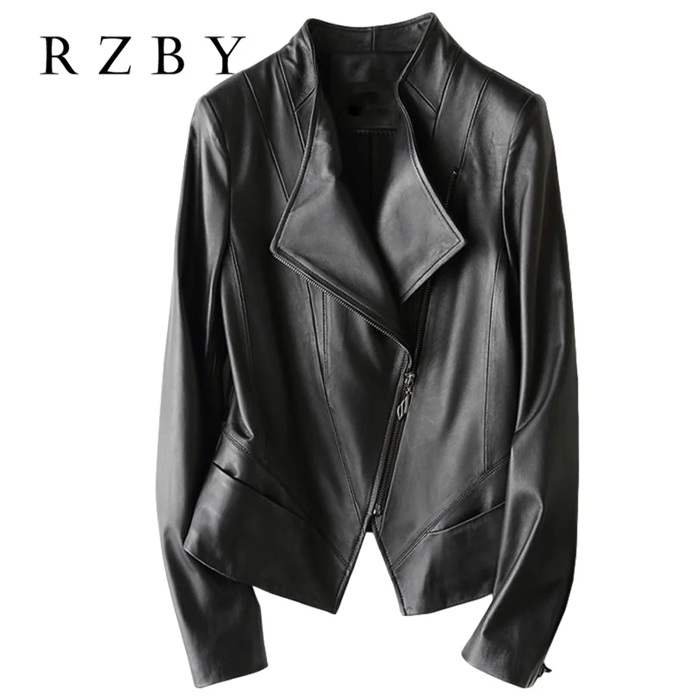 

Новая осенне-зимняя женская черная приталенная куртка из овечьей кожи куртка на молнии с воротником-стойкой Спортивная мотоциклетная куртка пиджак Chaqueta RZBY182