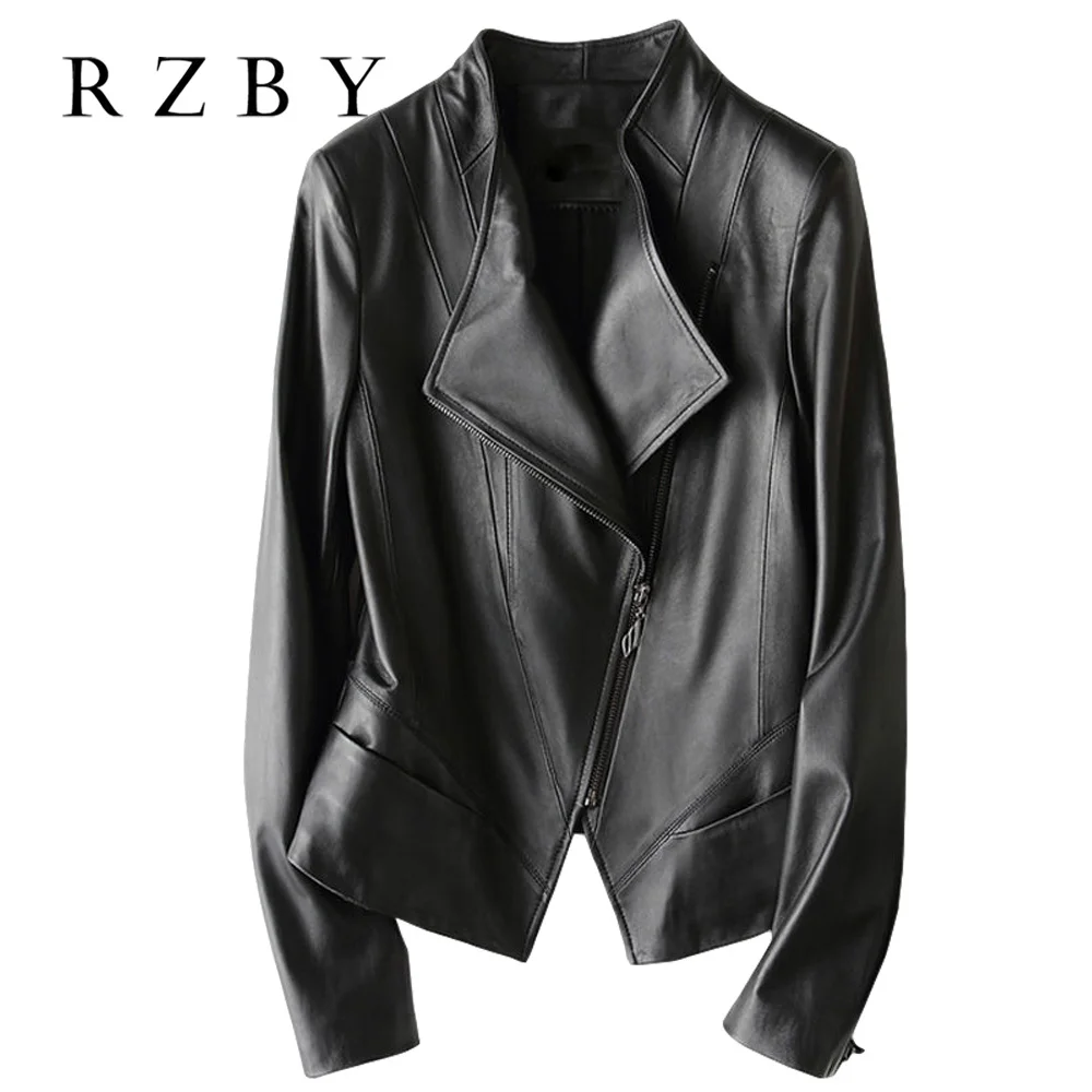 New Autumn Ladies Winter Black Sheep Leather Slim Jacket Zipper Stand Collar Jacket Sports Motorcycle пиджак Chaqueta RZBY182