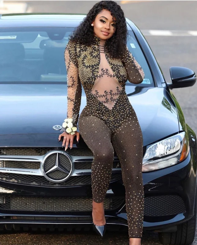 High Elastic Beading Hollow Out Print DJ DS Costume Dance Jumpsuit | Женская одежда