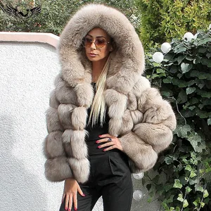 Женское пальто с капюшоном, зимнее пальто из цельного натурального Лисьего меха с капюшоном, 2022