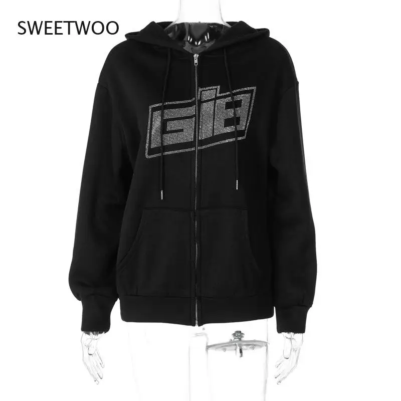 

2021 Spring New Women's Clothing Hoodie Round Neck Loose Letters Hot Drilling Zipper Cardigan Sweater Women Plus Velvet