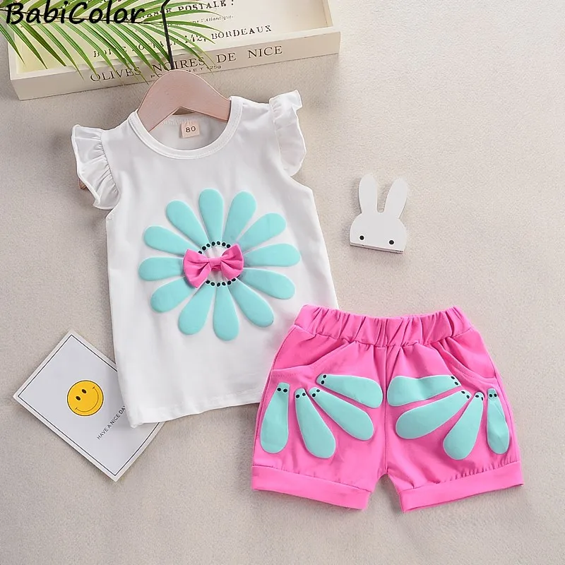 Комплект летней одежды для маленьких девочек хлопковая Повседневная футболка