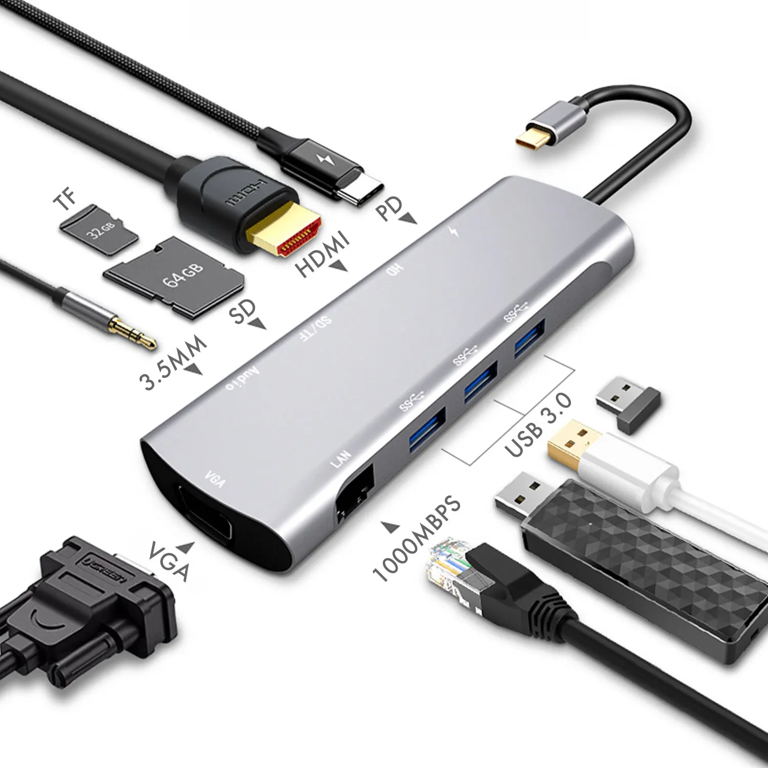 ET USB C концентратор адаптер 9 портов для MacBook MateBook Type до USB3.0 * 3 + TF/SD HDMI VAG PD LAN аудио