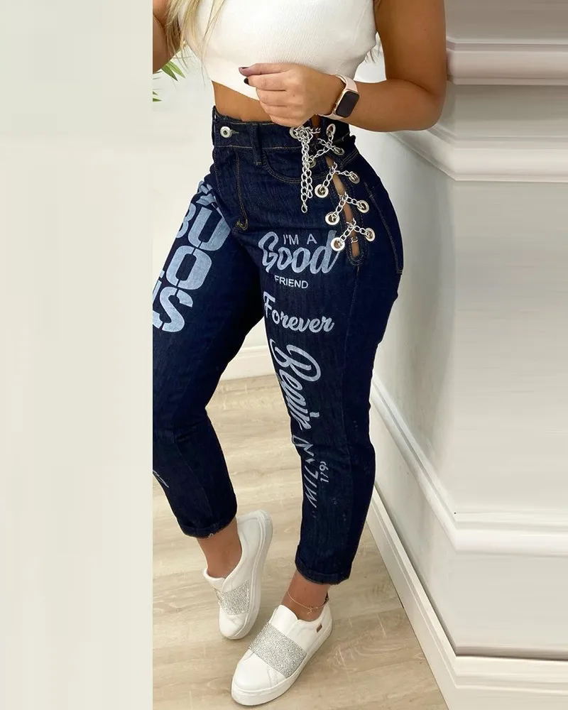 

jeans women's Letter Print Eyelet Chain Linked high waist Skinny Jeans casual pencil denim pants 2021