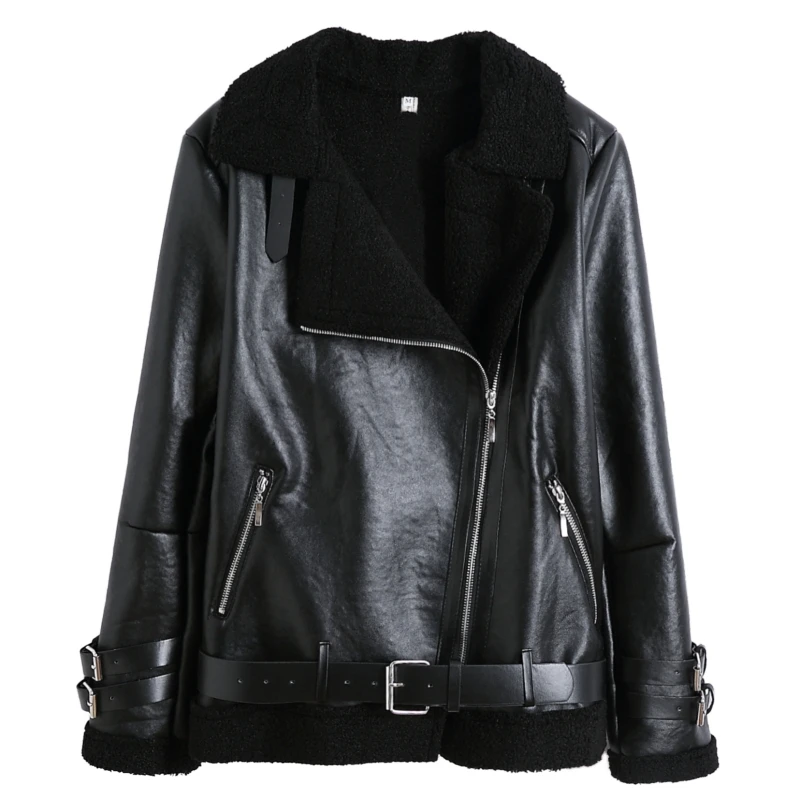

Women Korean Fur One Lapel Motorcycle Clothing Female Lamb Wool Autumn Winter Warm PU Faxu Leather Jacket Thickened Short Coat
