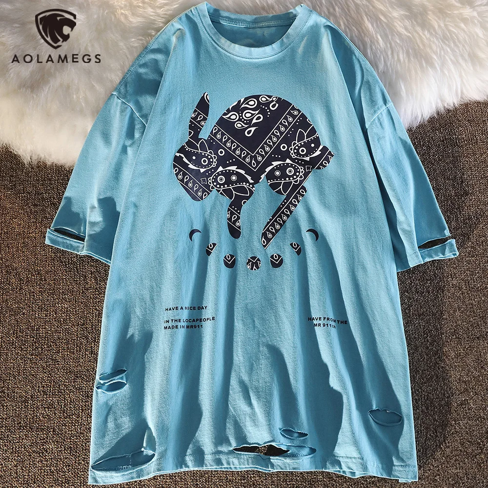 

Aolamegs T-shirt Men Broken Hole Rabbit Print O-Neck Oversized Tops Tee Youthful Vitality College Style Couple Streetwear Summer