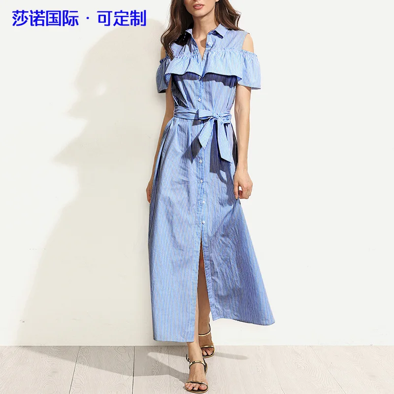 

2020 Spring and Summer Quality New European and American Ol Commuter Women's off-Shoulder Ruffled Shirt Striped Dress