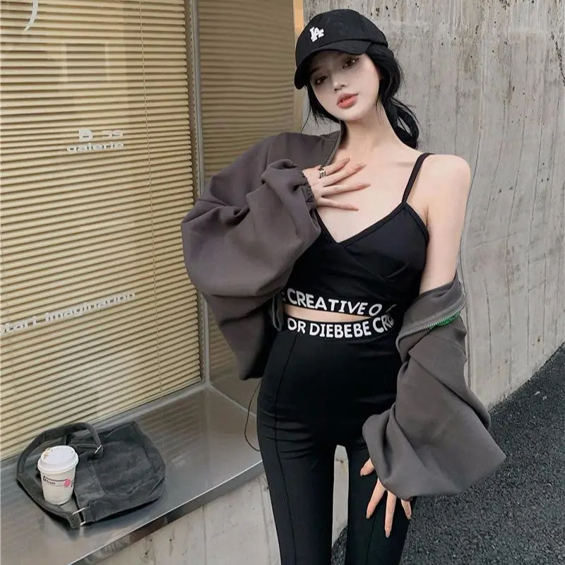 Fashion Autumn Women Tracksuits Sling Pullovers &amp Elastic-Waisted Pants Zipper Coat Female 3 Piece Suit Set 2021 |