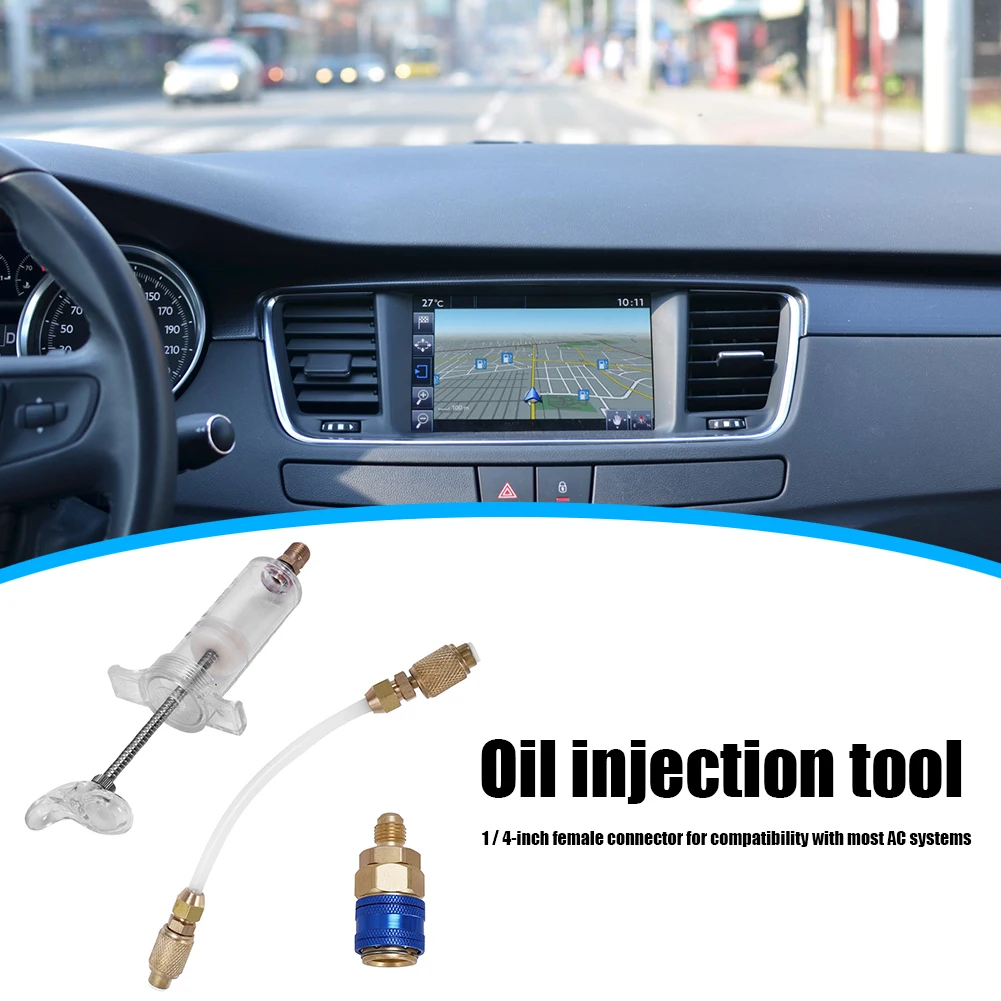 

Transparent Hose Oil Injection Tool Air Conditioning Oil Dye Injector 30ml with Low-Side Quick Connector 1/4 SAE R-134a