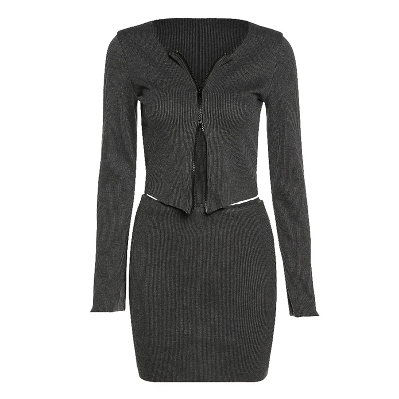 

Street Casual Office Lady Top Tee Skirts Two Piece Sets High Quality Zipper Design V-Neck T-Shirt Skirt Suit