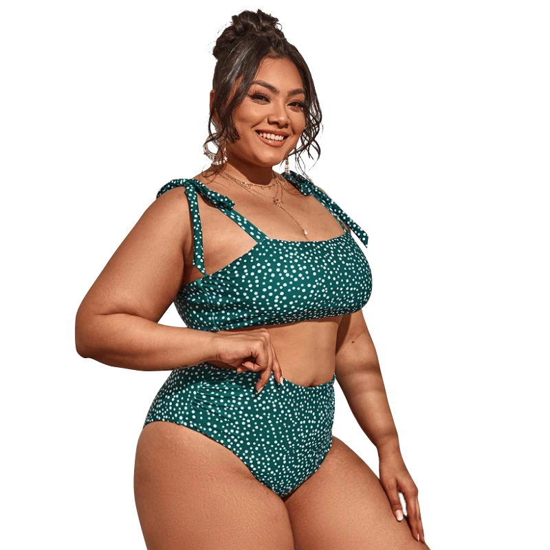 

WTCandy 2022 New Plus Size XXXXL Swimsuit Women High Waist Bikini Print White Dot Tie Knot Swimwear Green Pleated Bathing Suit