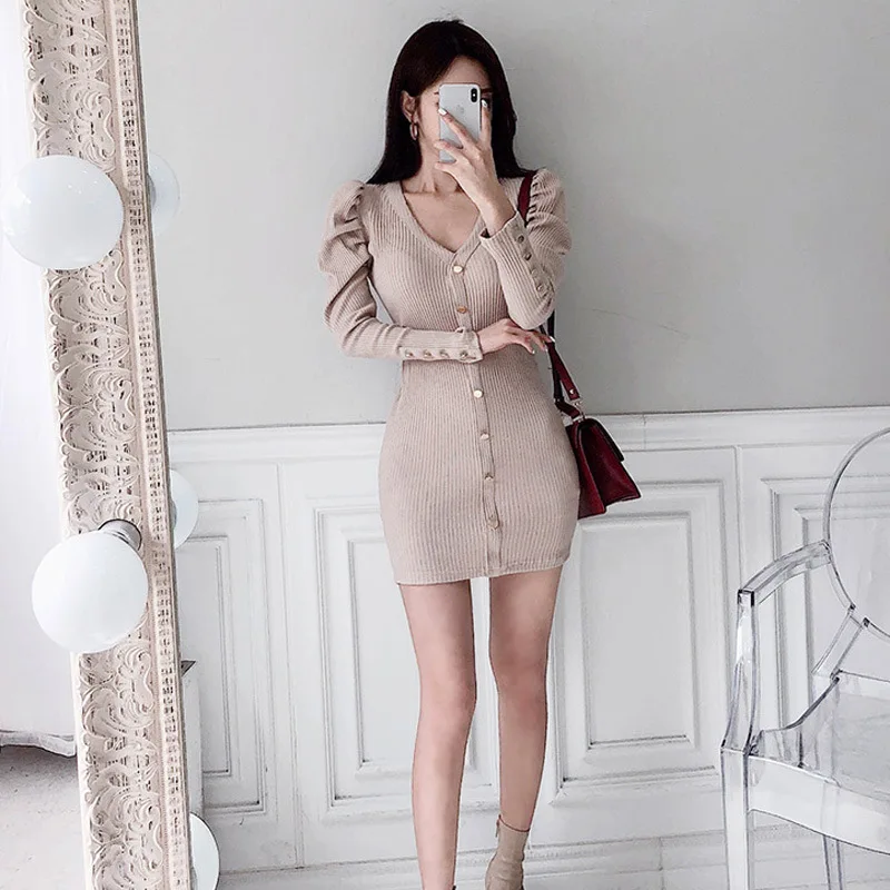 

Black OL 2021Spring Korean Sexy V-Neck Bandage Women Knitted Sweater Short Dress Vestidos Long Sleeve Mini Elegant Bodycon Skirt