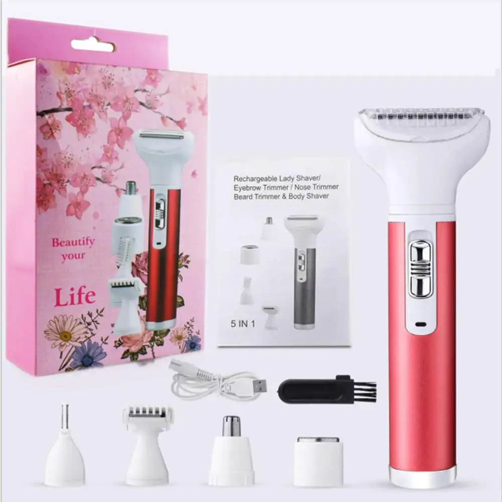 

5 in 1 Electric Lady Epilator Hair Remover Kit Rechargeable Trimmer Shaver For Nose Hair Eyebrow Removing Leg Armpit Bikini