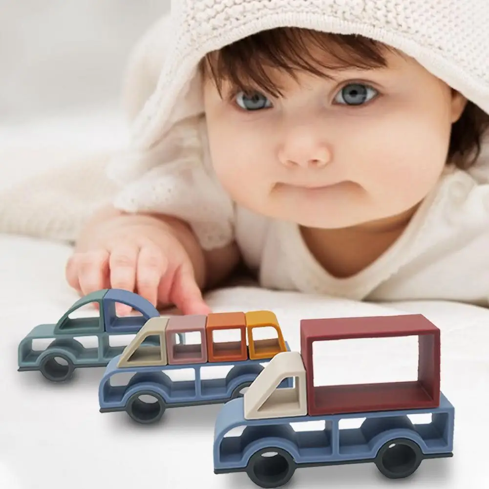 

3Pcs Car Building Toy Baby Silicone Teether Soft Educational Toys Car Type Uilding Block Baby Silicone Teether Soft Blocks Gifts